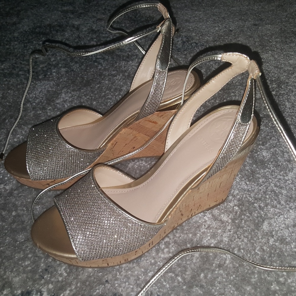GUESS silver tie-up wedges
